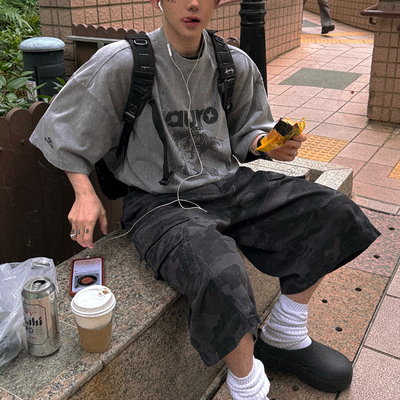 Aurocean 水洗灰色日漫丧脸T恤 破损做旧纯棉油墨印花大版短袖