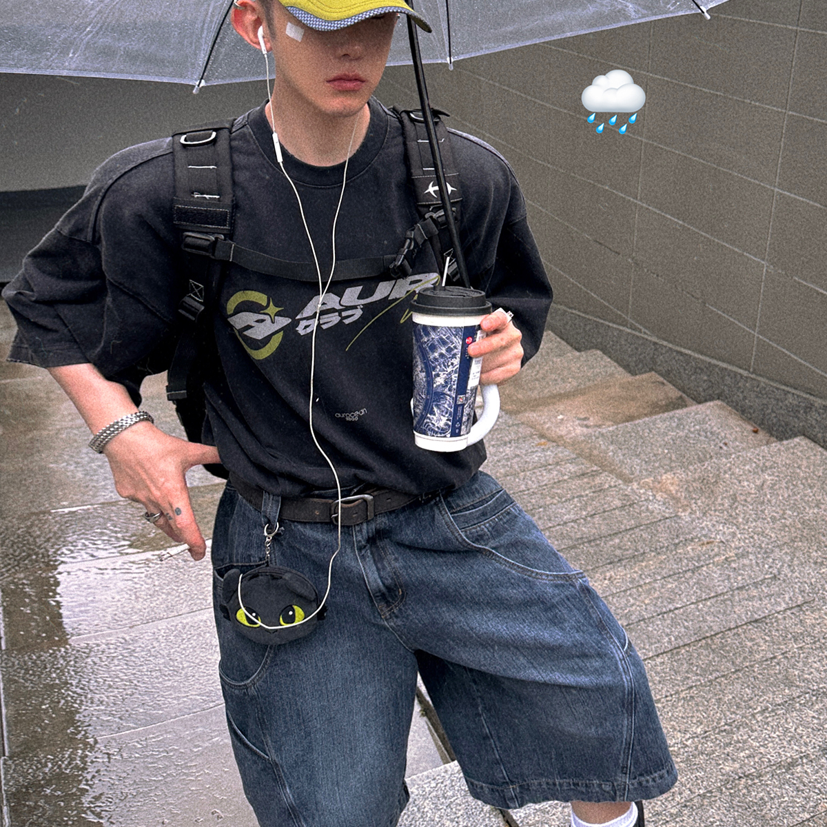 Aurocean 千禧少年感水洗黑色油墨印花T恤 重磅纯棉破损做旧短袖t