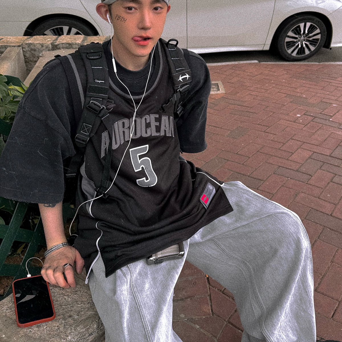 Aurocean 叠穿专用超大件篮球背心 奶痞少年黑灰复古贴布绣球衣