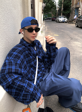 Aurocean 蓝色格子衬衫 松弛感宽松大版复古简约小刺绣长袖薄外套