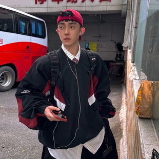 Aurocean 古着少年感套头外套 复古运动撞色拼接冲锋卫衣