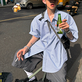 轻凉纯棉宽松大版 衬衫 浅蓝色衬衣 学院少年感小格子短袖 Aurocean