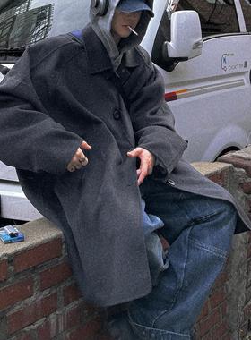 Aurocean 长度刚刚好的学院羊毛呢大衣炭灰色双面呢廓形风衣外套