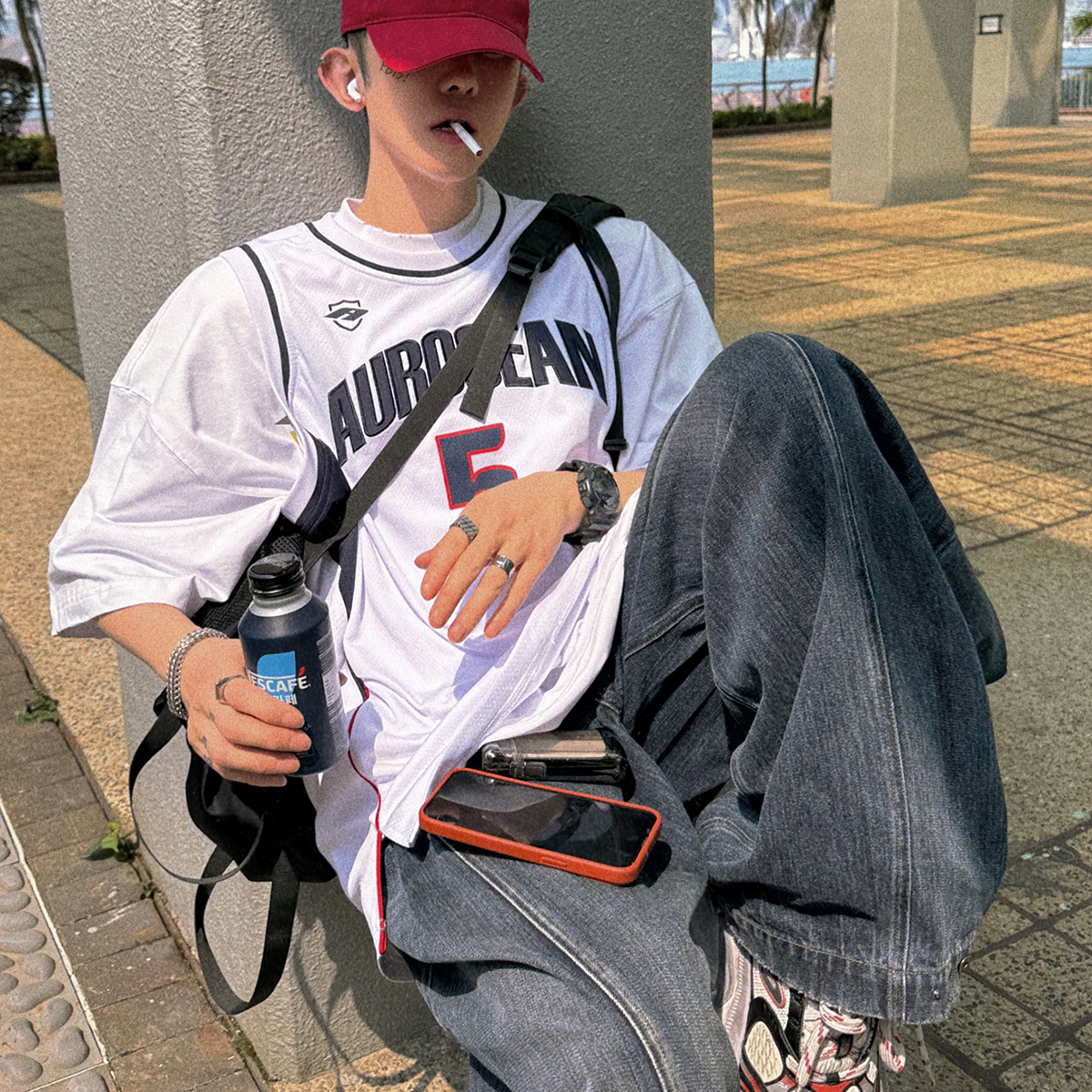 Aurocean 叠穿专用超大件篮球背心 复古少年感红蓝撞色贴布绣球衣