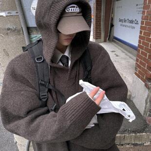 毛绒感针织加厚保暖帽衫 Aurocean 冬日氛围感深咖色连帽羊毛衣