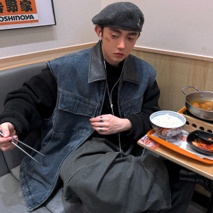 廓形冬季 宽版 保暖夹棉外套 水洗灰蓝牛仔棉服马甲 Aurocean