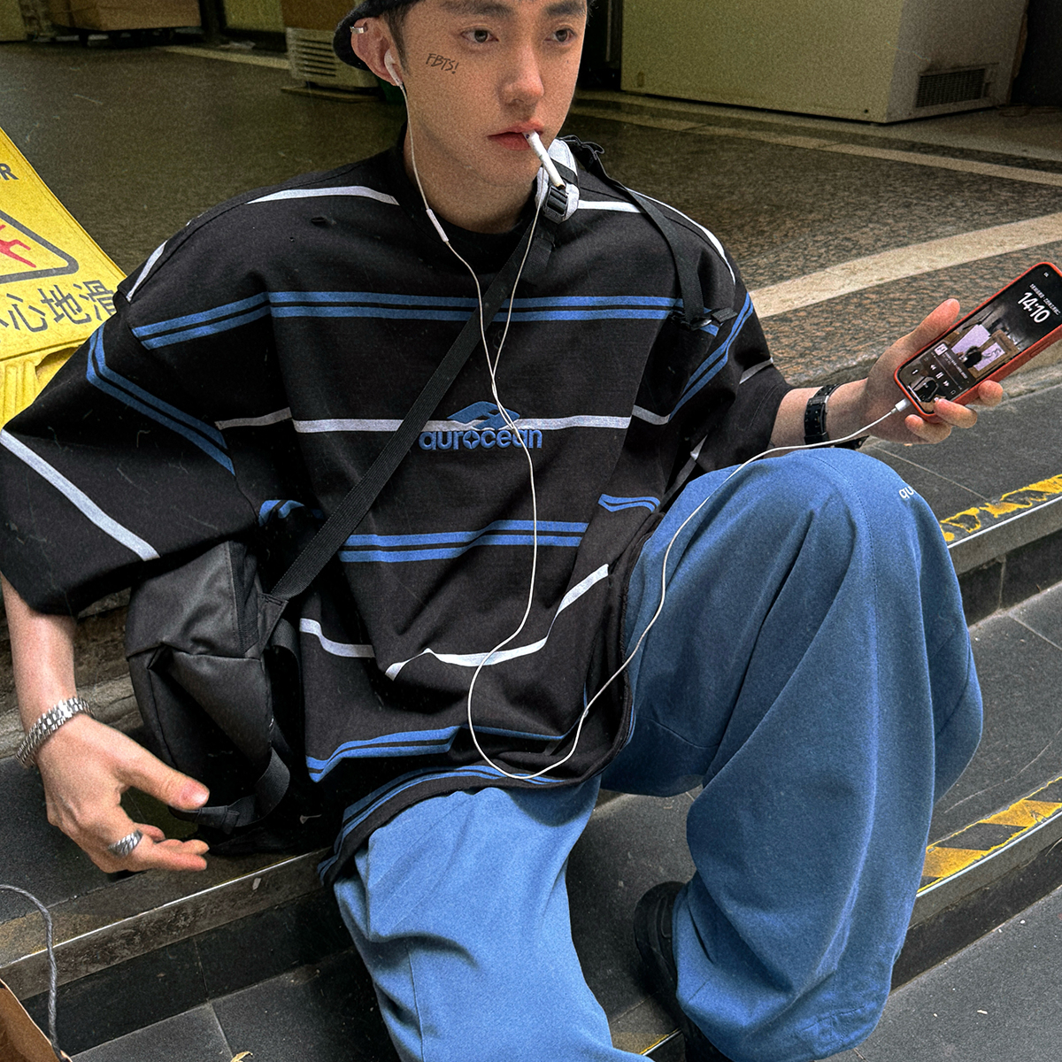 Aurocean 奶蓝撞色条纹T恤 复古少年感定制针织重磅宽松大版短袖