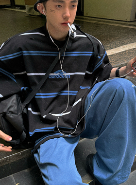 Aurocean 奶蓝撞色条纹T恤 复古少年感定制针织重磅宽松大版短袖