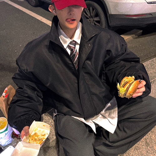 Aurocean 复古尼龙棉服夹克 宽版廓形简约黑色棉衣外套