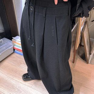 秋冬磨毛假两件松紧腰黑色学院休闲裤 Aurocean 双腰廓形打褶西裤