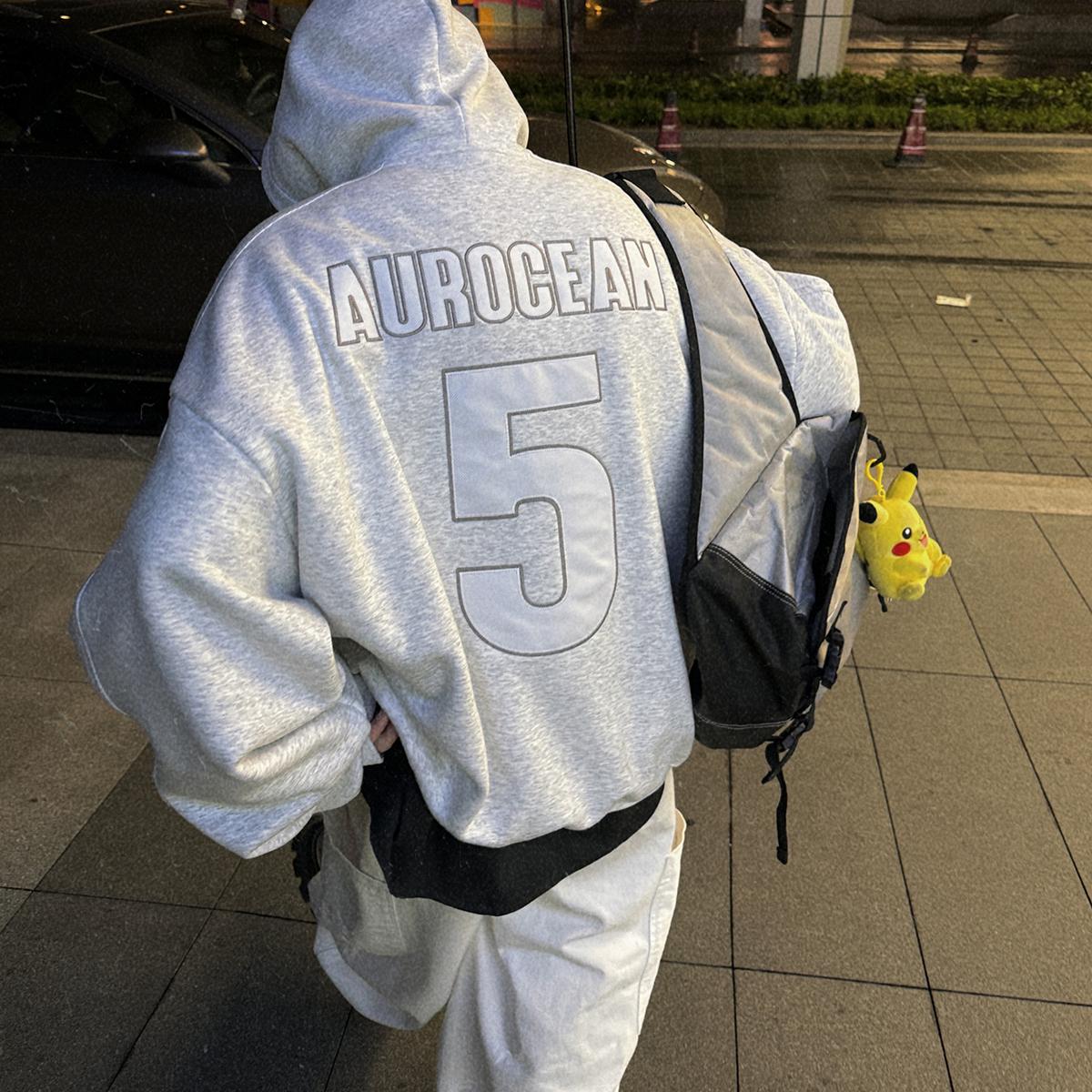 Aurocean 加绒灰白球服连帽卫衣 500克重磅摇粒绒大版贴布绣球衣