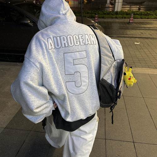 Aurocean 加绒灰白球服连帽卫衣 500克重磅摇粒绒大版贴布绣球衣