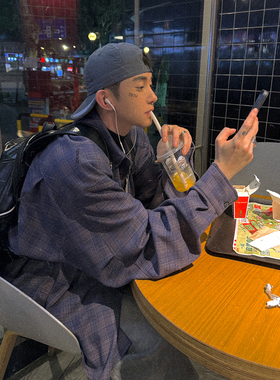 Aurocean 灰紫色早秋格子衬衫 破损做旧磨毛抗皱垂顺宽松衬衣