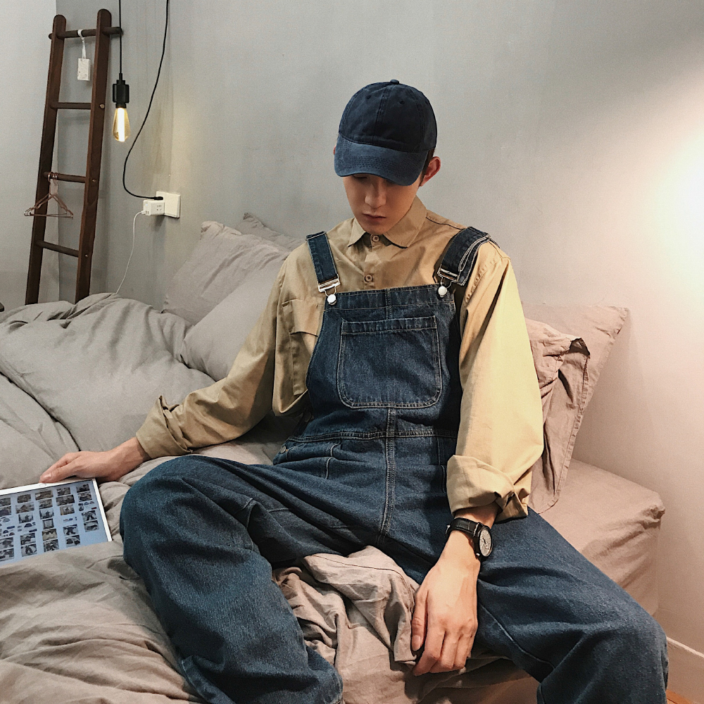 HOS很酷的牛仔背带裤自制阔腿裤男生嘻哈ins同款四季都可穿吊带裤
