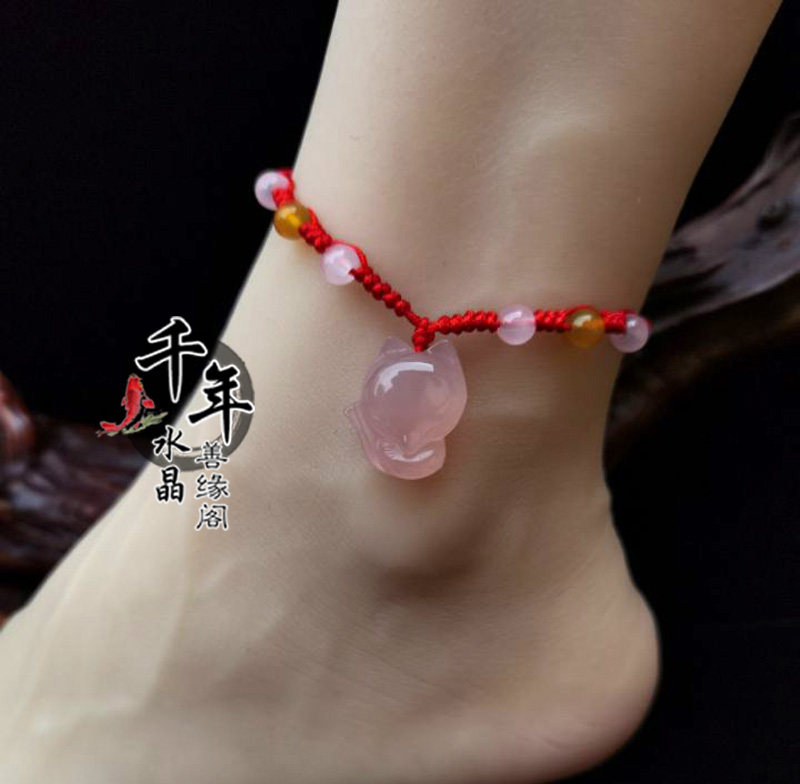 2026年天然粉玉髓狐狸手链招财聚财脚链灵狐平安钥匙扣,饰品/流行首饰/时尚饰品新,脚链,淘宝优惠券,粉丝福利购,淘宝优惠卷