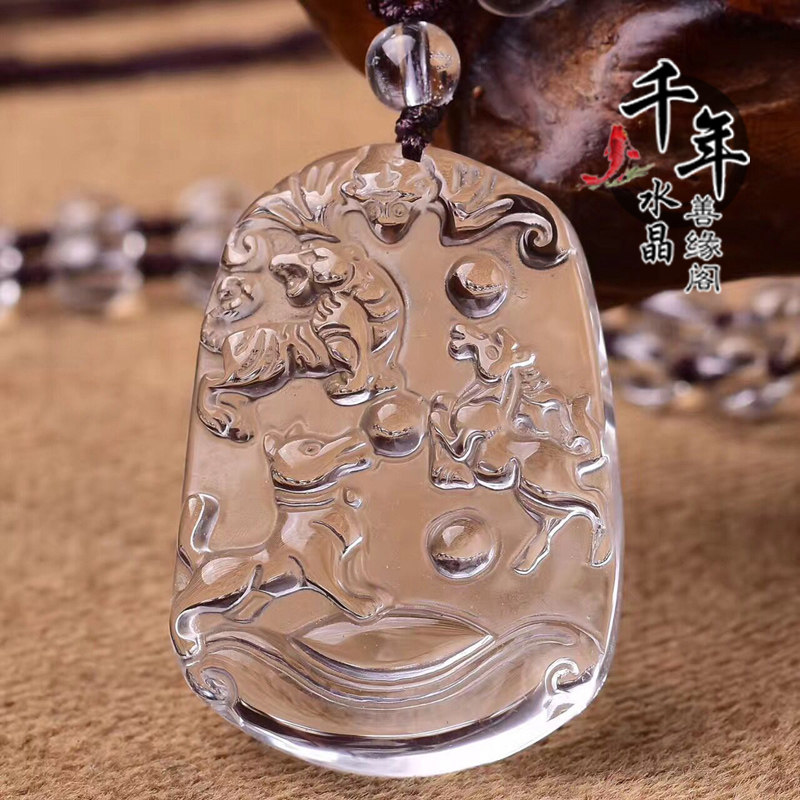 天然白水晶三合贵人虎马狗吊坠白水晶珠链 招财保平安吊坠465