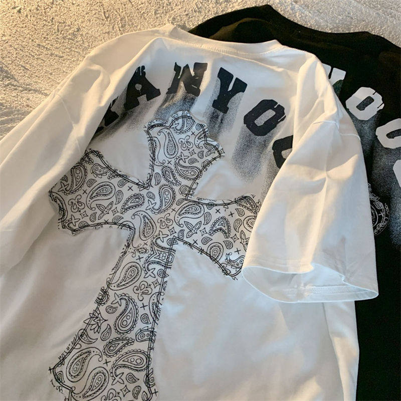 美式潮流十字架在忙印花体恤hiphop欧美短袖嘻哈ins高街风t恤男女