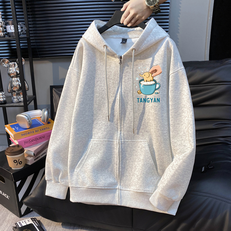 开衫连帽卫衣男秋冬季宽松百搭卡通动漫小象印花情侣装简约上衣