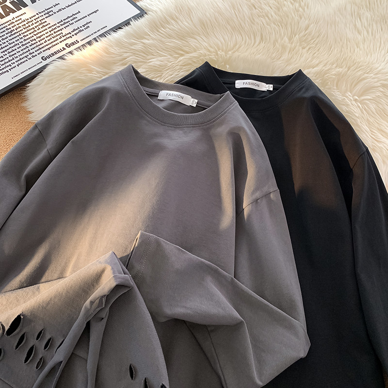 2023秋季大码破洞潮港风纯棉打底衫长袖男女T恤日系简约百搭上衣,男装,时尚防晒服,淘宝优惠券,粉丝福利购,淘宝优惠卷