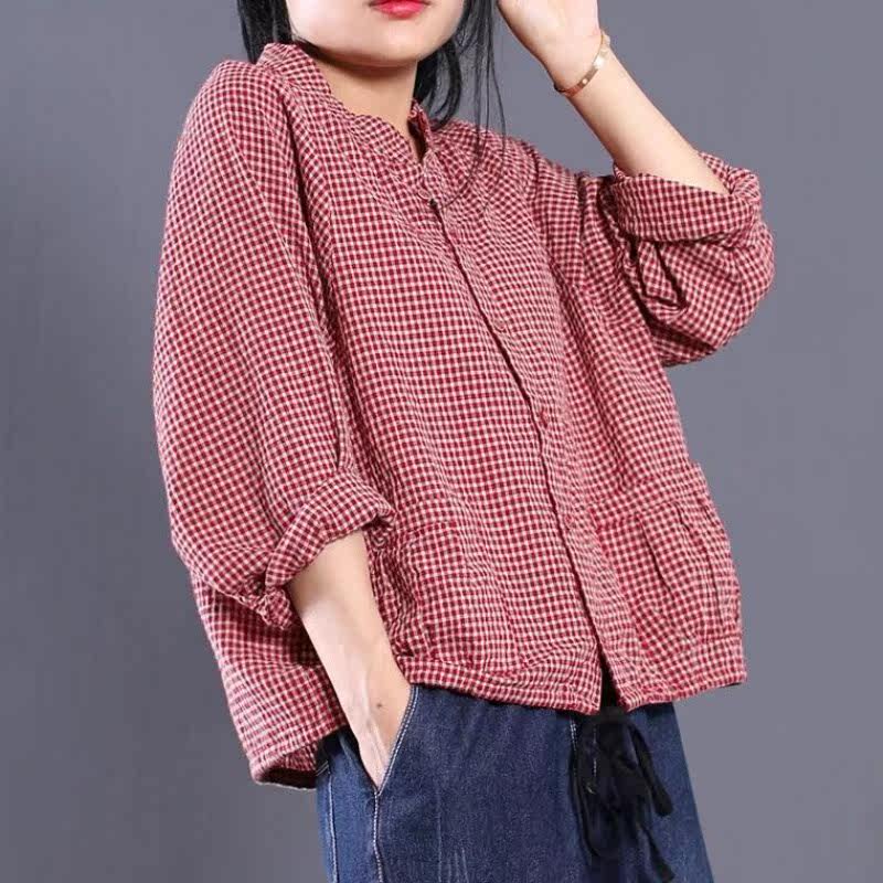 2019 new pattern Cotton and hemp Check lattice shirt Long sleeve Large Easy literature Retro leisure time have cash less than that is registered in the accounts jacketin the Women's clothing/Boutique , Large size women  category - from Buy2taobao.com to provide professional Taobao agent buy service