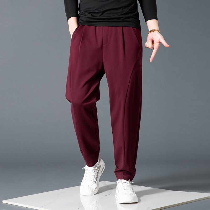 酒红色哈伦裤男宽松弹力新款运动裤小脚纯色棉百搭男士潮牌休闲裤,男装,休闲裤,淘宝优惠券,粉丝福利购,淘宝优惠卷