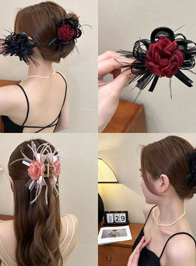 跨境韩系抓夹羽毛玫瑰花朵发夹女士感后脑勺半扎发鲨鱼夹发饰