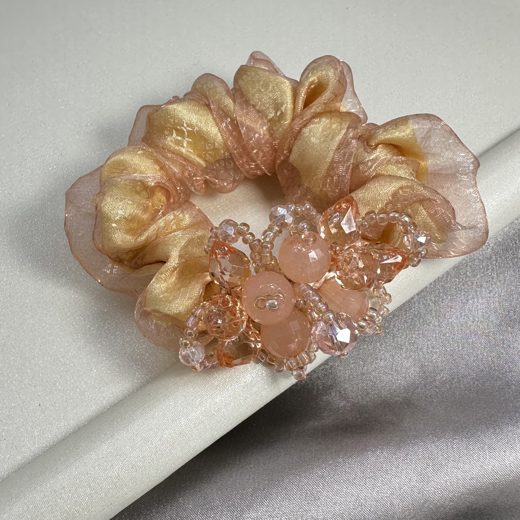 跨境串珠花朵发圈欧根纱大肠发圈网纱头纱头绳水晶发饰发绳花朵