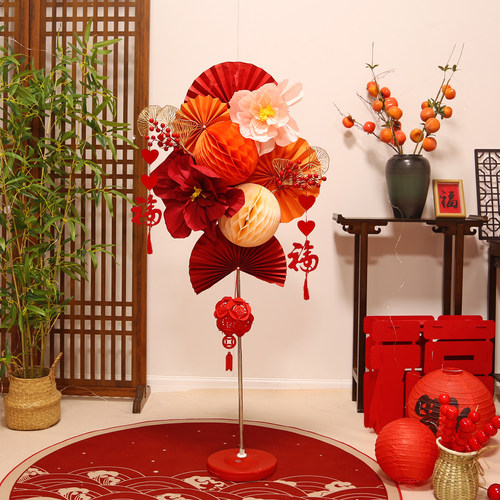 新年春节装饰中式纸扇花朵立柱