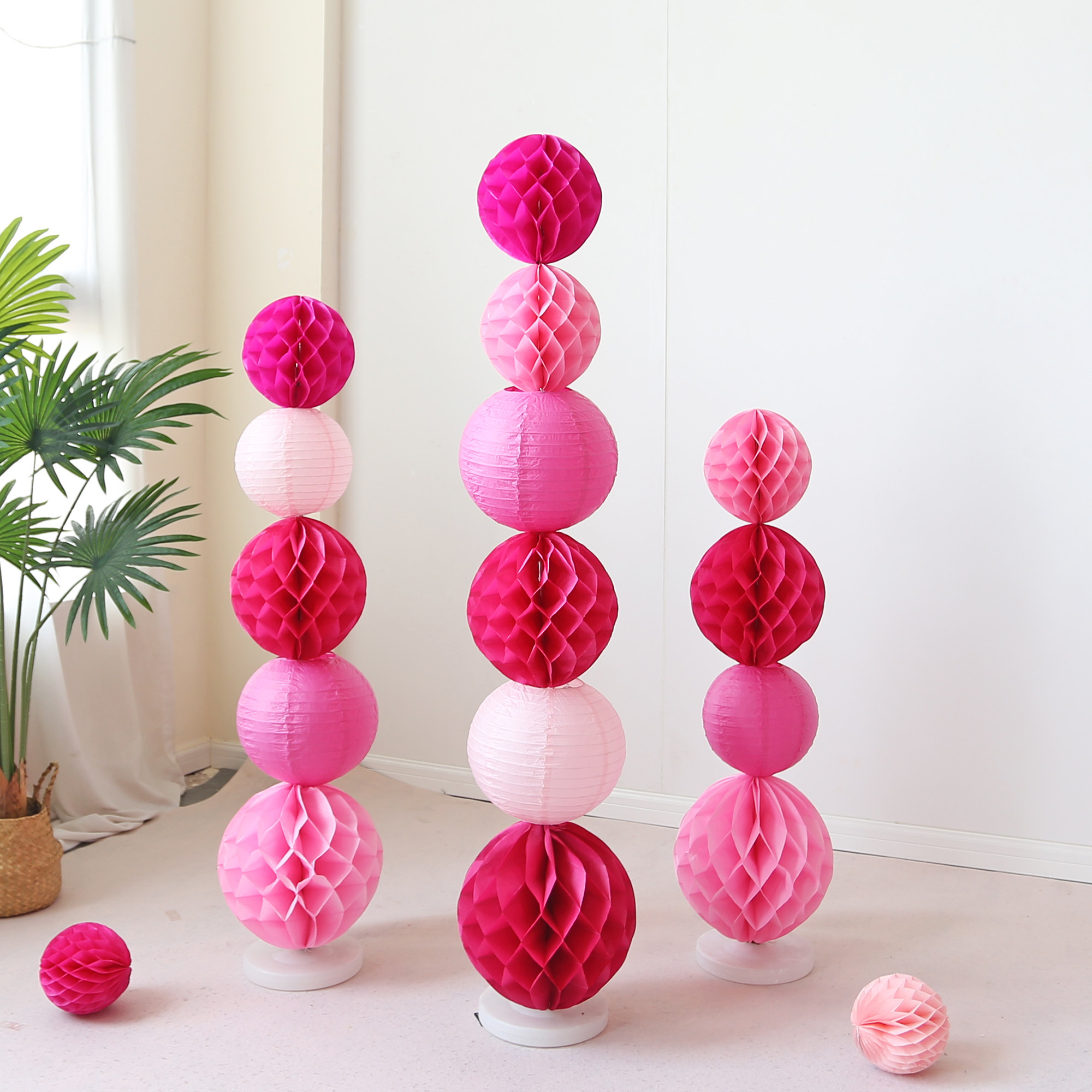 38女神节中式粉色蜂窝球立柱装饰纸灯笼周年庆妇女节活动布置摆件
