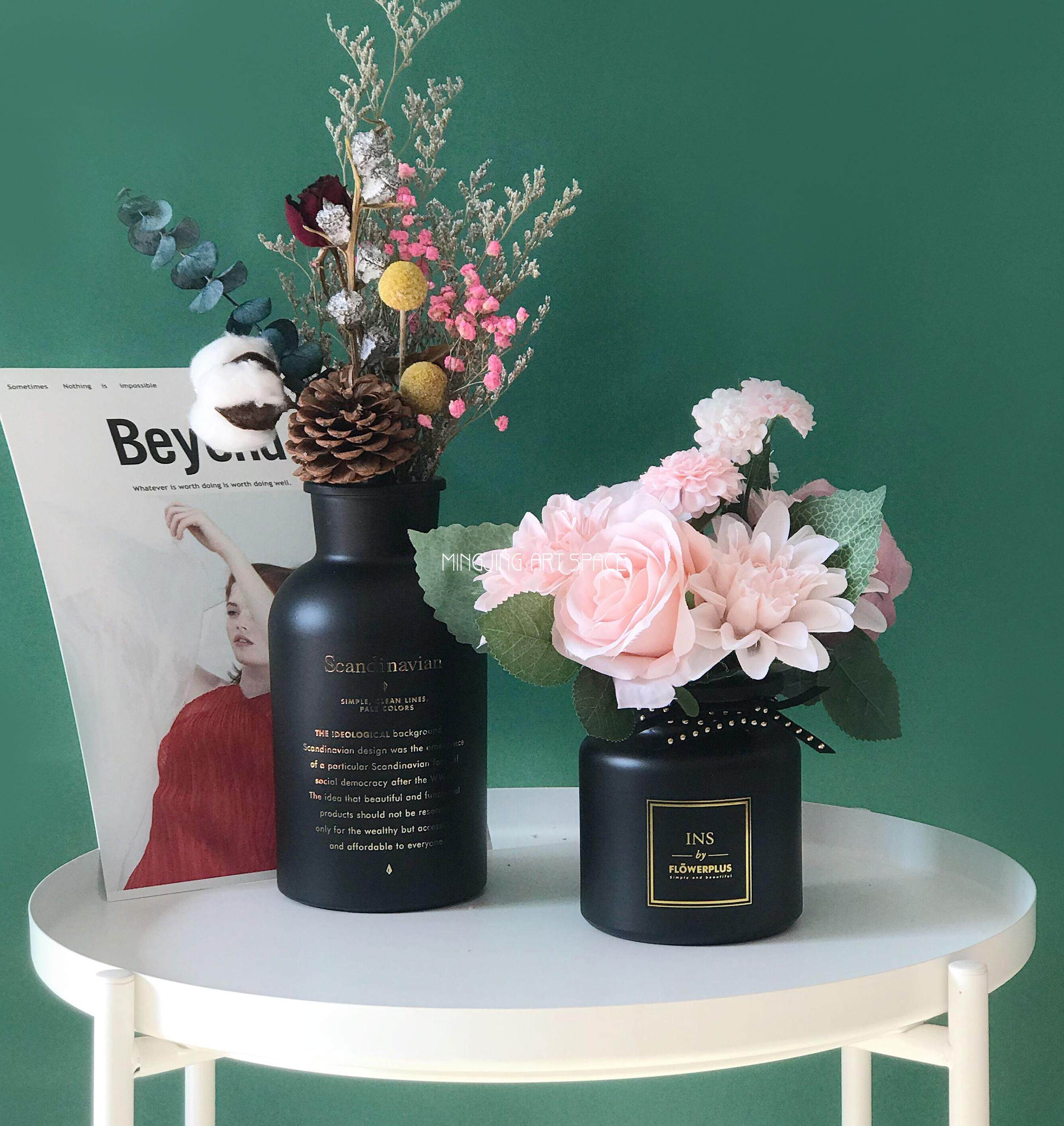 ins北欧黑色英文烫金玻璃花瓶花器文艺插花装饰花瓶桌面摆件