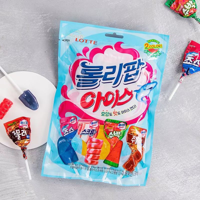韩国进口LOTTE乐天 四味棒棒糖132g鲨鱼可乐水果味糖果休闲小零食
