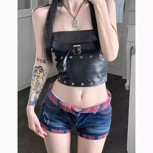 美式热辣短裤女y2k千禧风亚比格子拼接卷边磨破低腰修身牛仔热裤