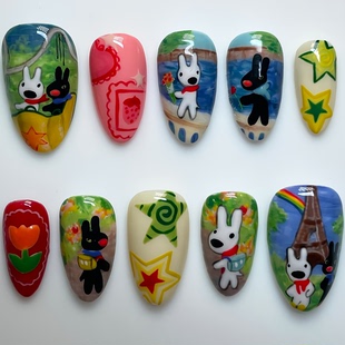 杏仁型纯手工穿戴甲高级感手绘兔子浮雕点缀美甲贴片假指甲美甲