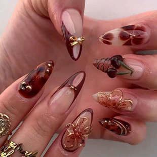 奢华手工穿戴甲冰透玫瑰蝴蝶夏日纯欲时尚 百搭显白杏仁型中假指甲