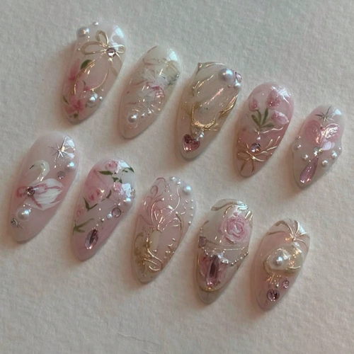 欧美风纯手工粉白爆闪珍珠天鹅玫瑰设计杏仁型短款穿戴甲