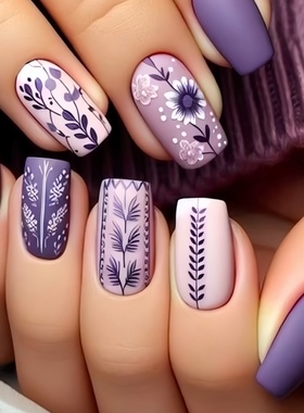 欧美时尚个性紫色花纹装饰方型短款穿戴甲