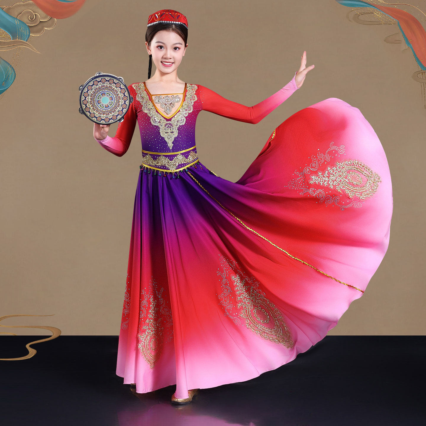 新疆舞儿童演出服渐变摆裙维族女童半身裙艺考剧目石榴红了舞蹈服