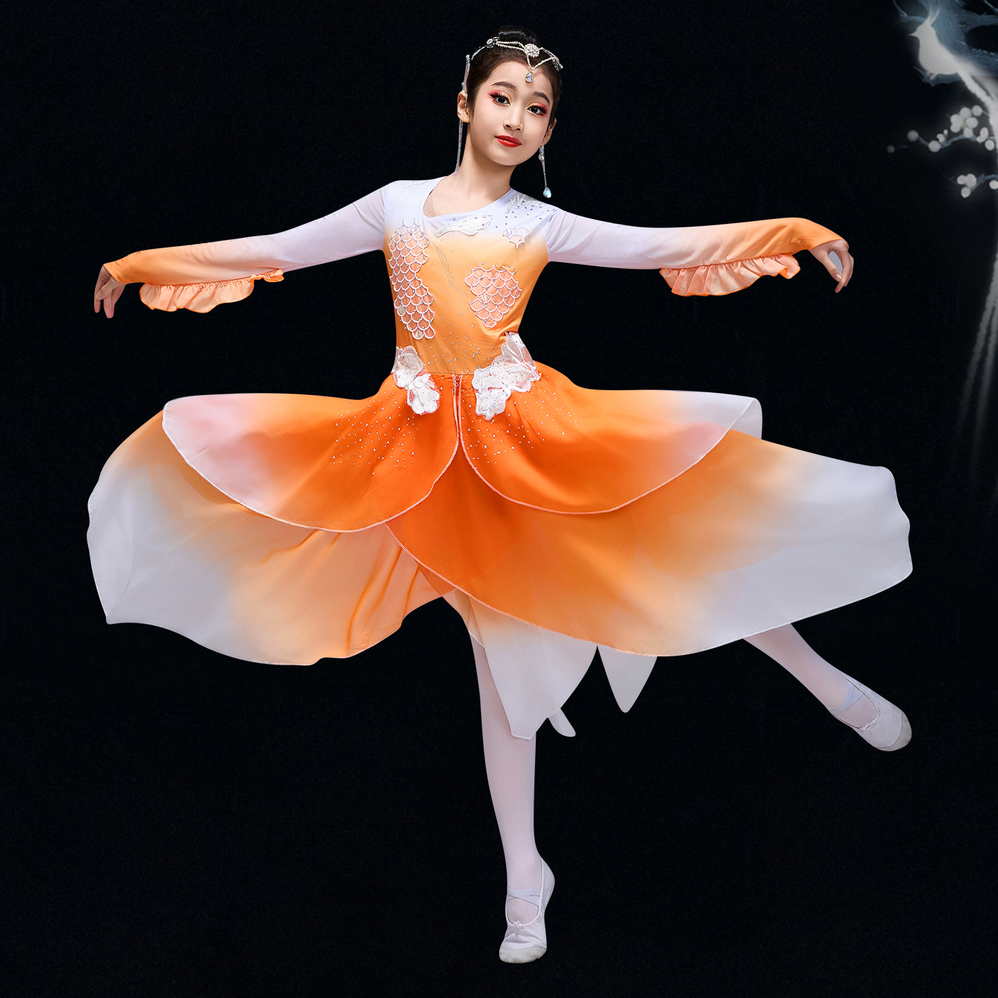 灵鳞橙红色同款扇子古典舞演出服