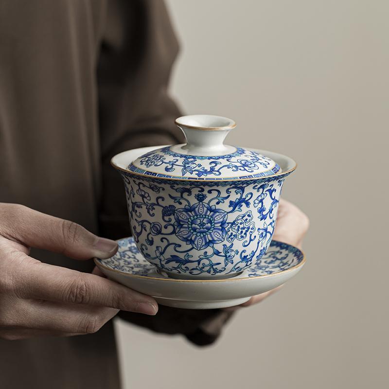 汝窑青花缠枝莲盖碗青花三才茶碗茶杯防烫大号泡茶功夫茶具茶盏