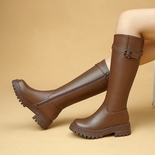 撤柜新款英伦风马丁靴棕色长筒靴女秋季不过膝高筒靴美拉德厚底骑