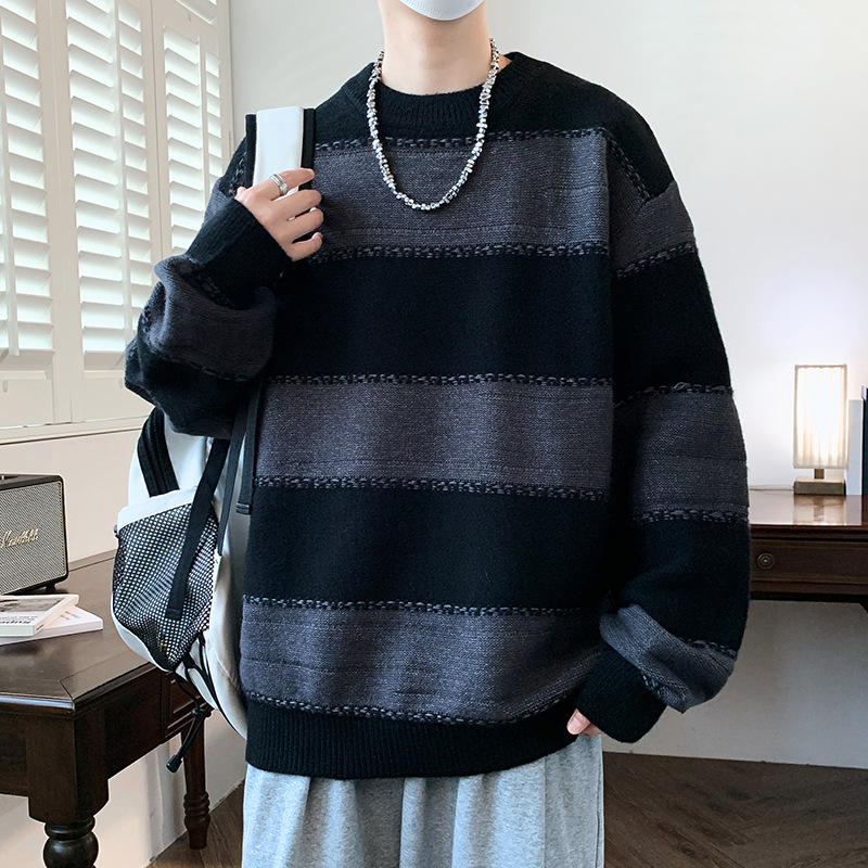 进口时尚青少年毛衣男生秋冬新款宽松帅气潮牌撞色条纹针织打底衫