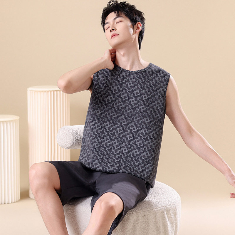 撤柜背心男士睡衣夏季薄款青少年家居服套装加肥大码条纹短裤无袖