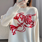 撤柜中国结提花新年红毛衣女宽松圆领拼色套头%纯羊毛针织衫 上衣