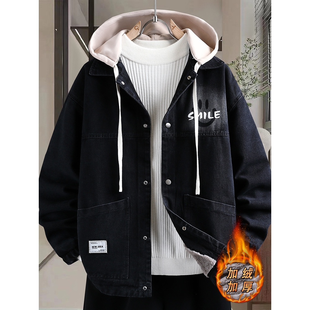 唯品会岁高初中学生帅气加厚加绒外套冬季青少年男孩牛仔夹克棉衣