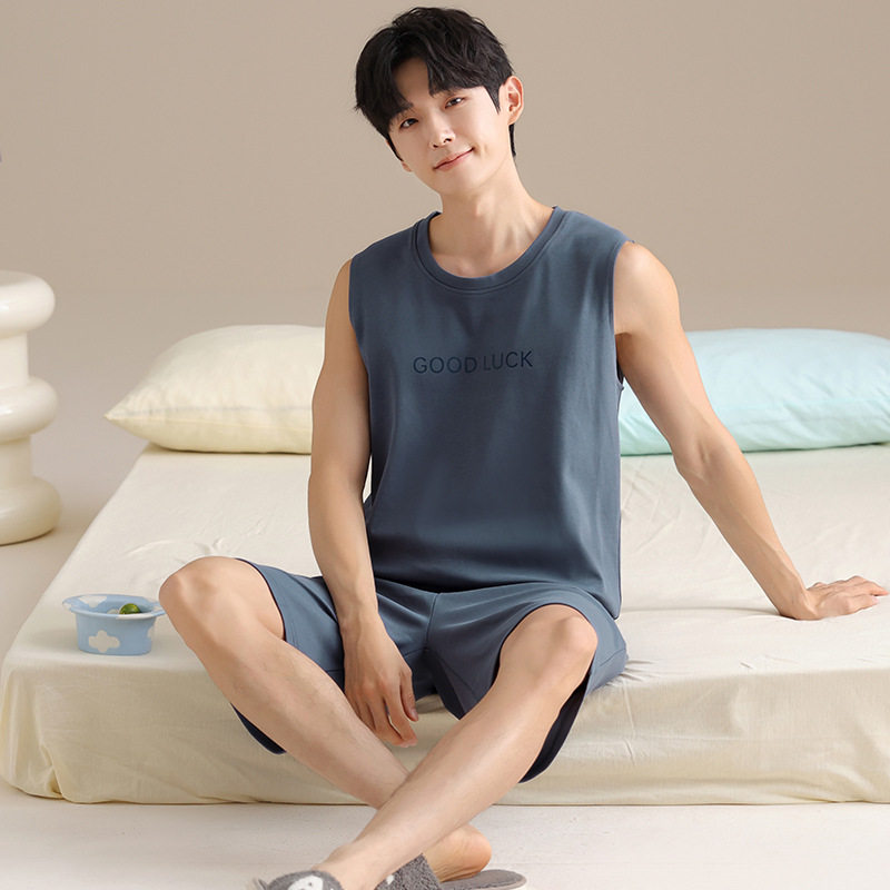 撤柜男士睡衣男款夏季纯棉黑色背心短裤套装可外穿纯棉家居服男生