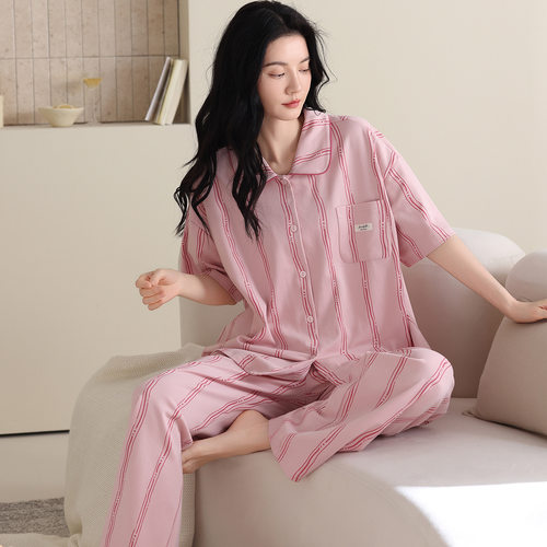 撤柜睡衣女款新款纯棉高级感短袖长裤家居服女全棉套装夏季可外穿