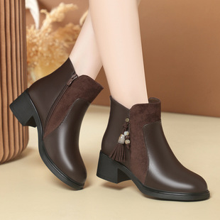 撤柜百搭粗跟软皮棉鞋女款中年妈妈鞋秋冬季皮鞋加绒保暖短靴