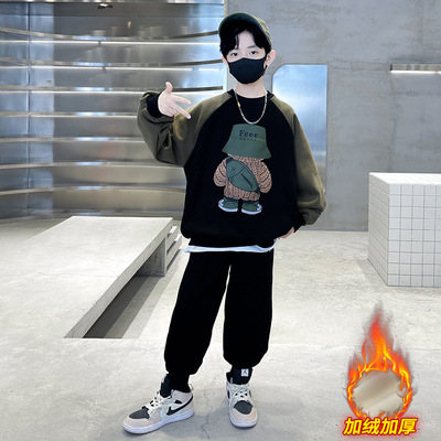 明星同款男童冬季加绒套装新款儿童装加厚保暖卡通小熊卫衣两件套