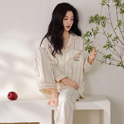 撤柜睡衣女款年新款春秋季纯棉长袖条纹卡通可爱可外穿家居服套装