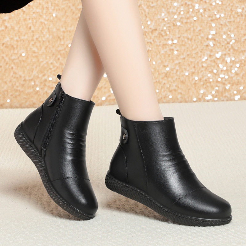 撤柜真皮软底平底加绒工作鞋黑色短靴女工装工作靴女靴子皮鞋女鞋